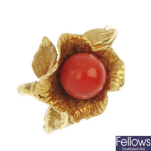 A mid 20th century 18ct gold coral floral ring.