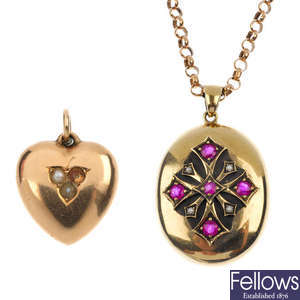 A mid 20th century 9ct gold ruby and split pearl locket and a pendant.
