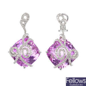 A pair of synthetic sapphire and diamond ear pendants. 