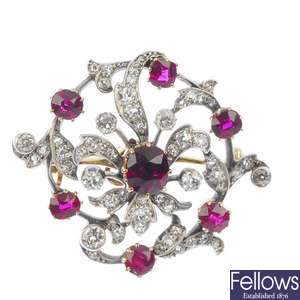 An early 20th century 9ct gold and silver ruby and diamond brooch.