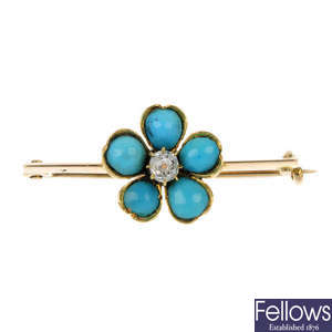 A late 19th century gold turquoise and diamond flower bar brooch.