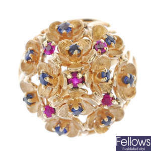 A 14ct gold ruby and sapphire floral dress ring.