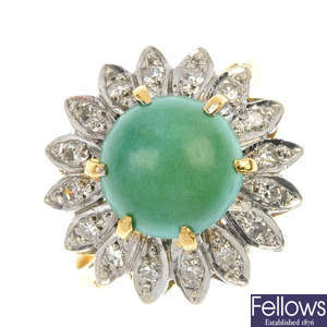 A 1960s 18ct gold turquoise and diamond floral cluster ring.