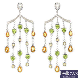 A pair of 9ct gold gem-set ear pendants.