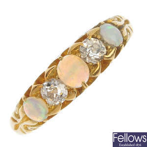 A late Victorian 18ct gold opal and diamond five-stone ring.