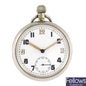 A military open face pocket watch signed Bravingtons. 