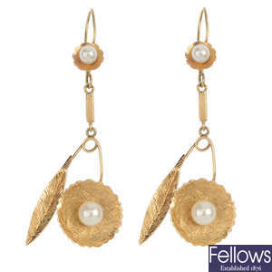 A pair of cultured pearl floral ear pendants. 