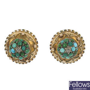 A pair of mid Victorian turquoise and diamond earrings, circa 1870. 