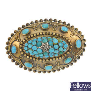 A mid Victorian gold turquoise brooch, circa 1870. 