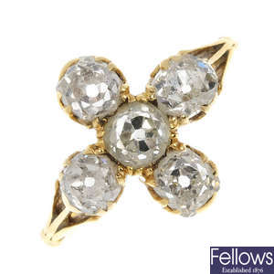 A late 19th century 18ct gold diamond five-stone ring.