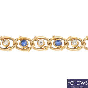 A late 19th century 15ct gold sapphire and diamond bracelet.