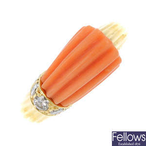 An 18ct gold coral and diamond dress ring.