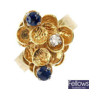 A 1970s 18ct gold sapphire and diamond ring.