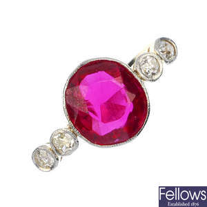 An early 20th century 18ct gold and platinum synthetic ruby and diamond ring.