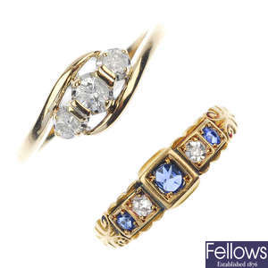 A 9ct gold diamond three-stone ring and a late 19th century 18ct gold sapphire and diamond ring. 