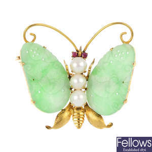 A jade, ruby and cultured pearl butterfly brooch.