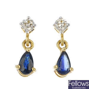 A pair of 18ct gold sapphire and diamond ear pendants and a chain.