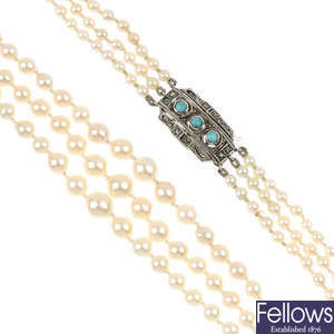 A cultured pearl three-row necklace, with turquoise and diamond point clasp. 
