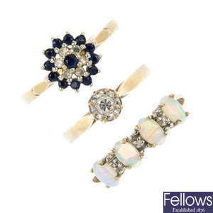 A selection of six 9ct gold gem-set dress rings.