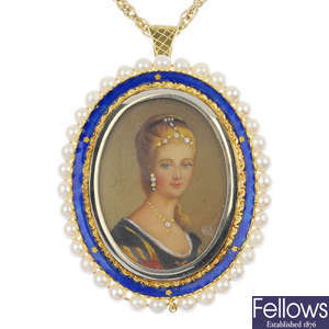 A diamond, cutlured pearl and enamel miniature portrait pendant. 