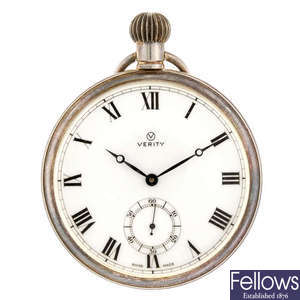 An open face pocket watch by Verity with chain.