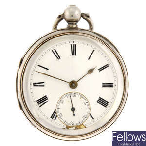 An open face pocket watch by J Worthington with a stamped white metal pocket watch.