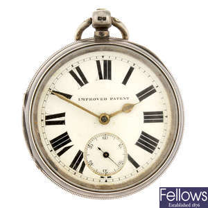 An open face pocket watch by J Harris & Sons with two other pocket watches.