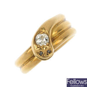 A late Victorian 18ct gold diamond snake ring. 