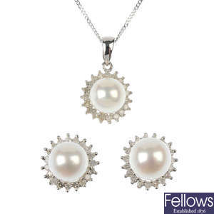 Six sets of cultured pearl and diamond jewellery. 