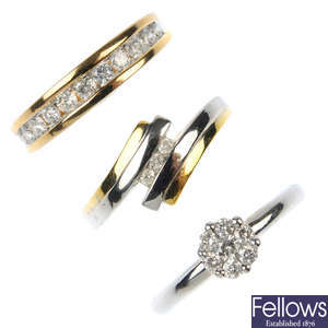 A selection of five 9ct gold diamond rings.