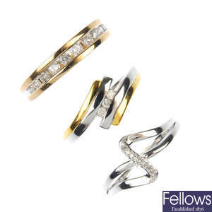 A selection of seven 9ct gold diamond rings. 