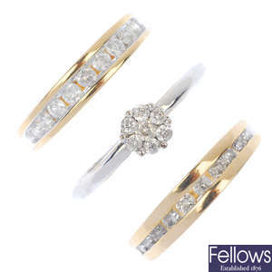 A selection of three 9ct gold diamond rings. 
