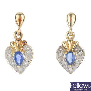 A set of 9ct gold sapphire and diamond jewellery and an emerald pendant.