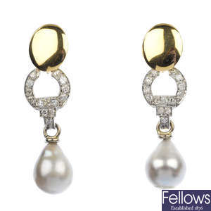 A pair of dyed cultured pearl and diamond ear pendants.