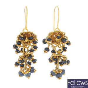 A pair of sapphire tassel ear pendants. 