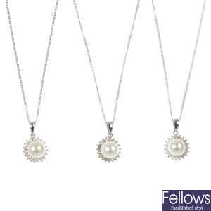 A selection of six sets of cultured pearl and diamond jewellery.