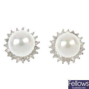 A selection of six sets of cultured pearl and diamond jewellery. 