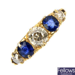 An early 20th century 18ct gold diamond and sapphire five-stone ring.