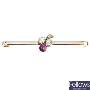 A 9ct gold ruby and diamond brooch.
