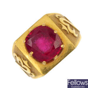 A synthetic ruby single-stone ring. 