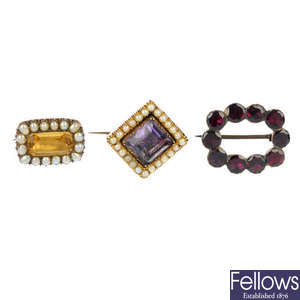 A selection of three mid 19th century gem-set brooches.
