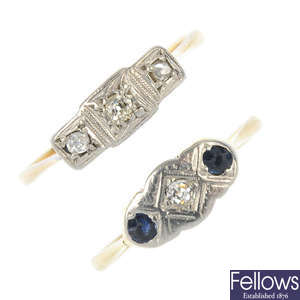 Two early 20th century 18ct gold and platinum diamond and gem-set rings.