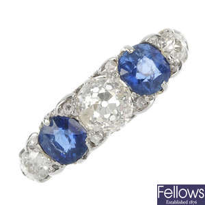An early 20th century diamond and sapphire five-stone ring.