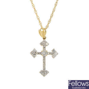 An 18ct gold diamond cross pendant and a 9ct gold chain.