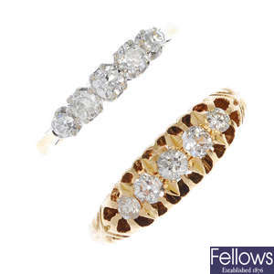 Two early 20th century 18ct gold diamond five-stone rings.