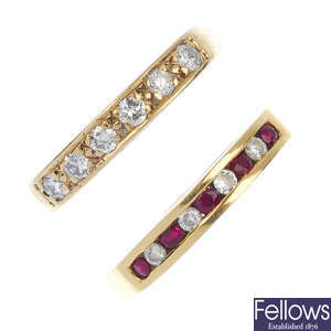 Two gold diamond and gem-set rings.