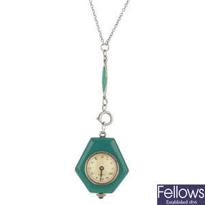 An early 20th century continental silver, enamel and green-gem fob watch.