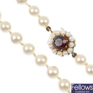 Two cultured pearl single-row necklaces.