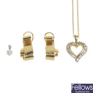 Two diamond pendants and a pair of 9ct gold earrings.