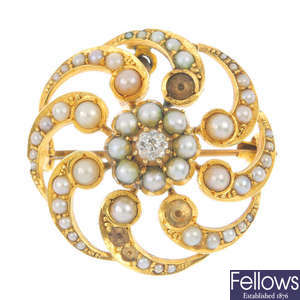 An early 20th century 15ct gold diamond and split pearl brooch. 
